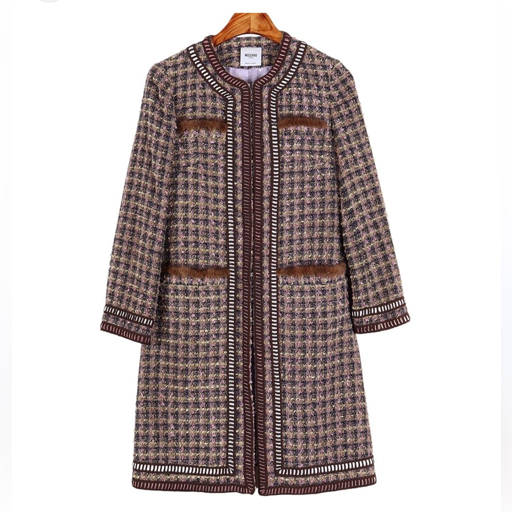 Moschino cheap & chic tweed brown pink long jacket coat mink pocket trim